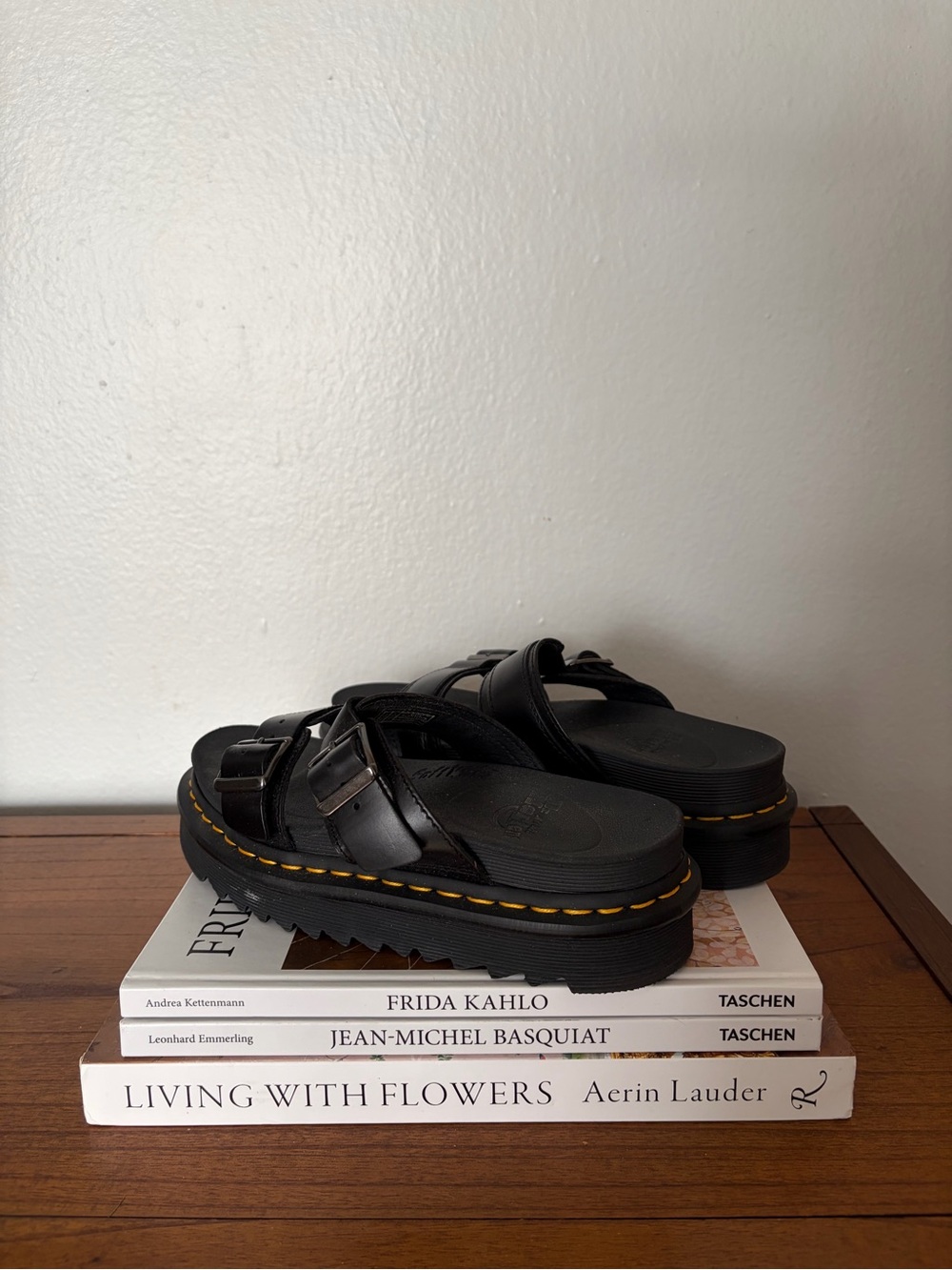 Black Chunky Double-Strap Sandals with Yellow Stitching - Picture 2 of 5